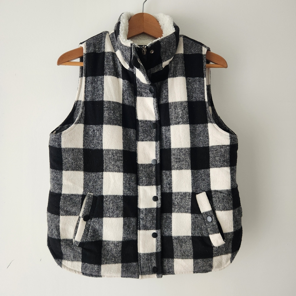 Zilcremo Sherpa Fleece Lined Vest In Plaid, Pockets Collar Winter Women Medium